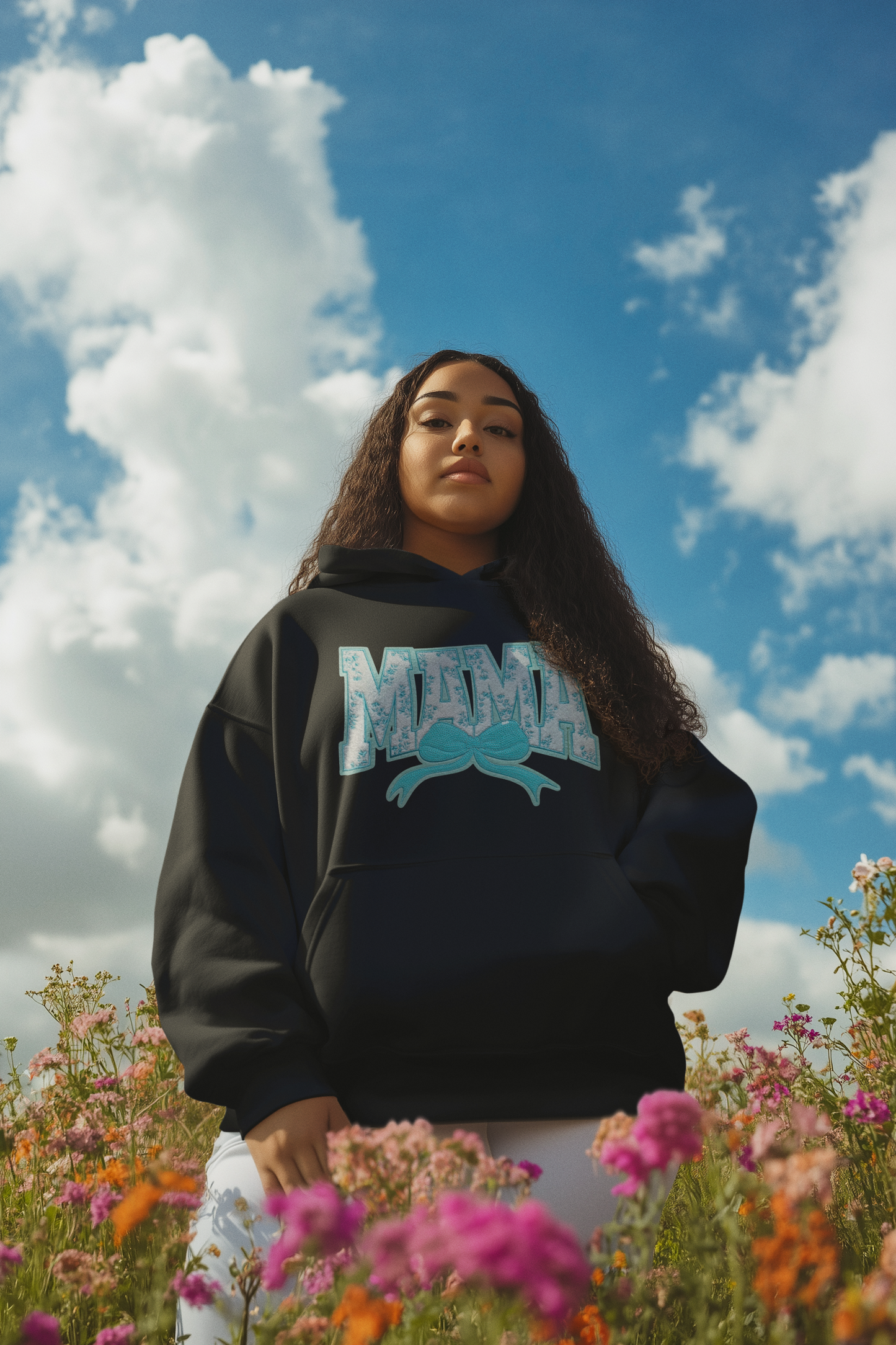 Teal Floral Mama Chenille Patch Hoodie