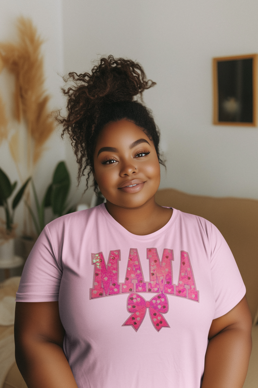 Neon Pink Mama Sequin Chenille Patch T-Shirt