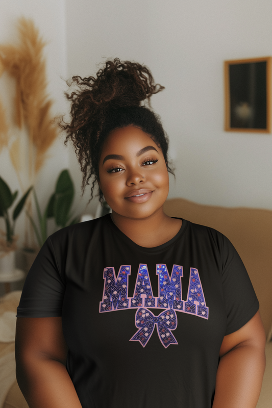 Dark Blue Mama Sequin Chenille Patch T-Shirt