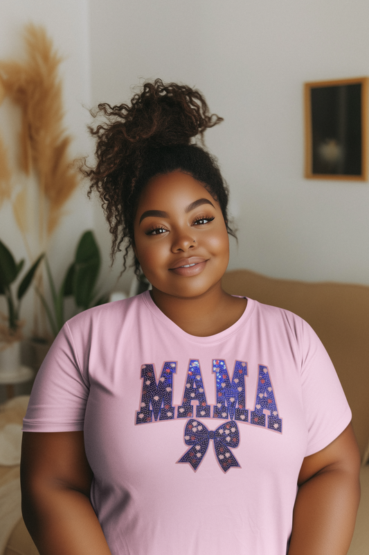 Dark Blue Mama Sequin Chenille Patch T-Shirt