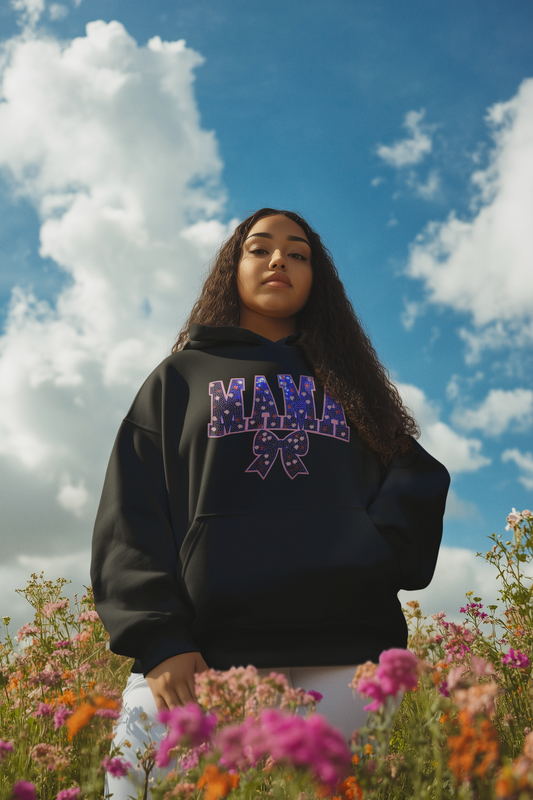 Dark Blue Mama Sequin Chenille Patch Hoodie