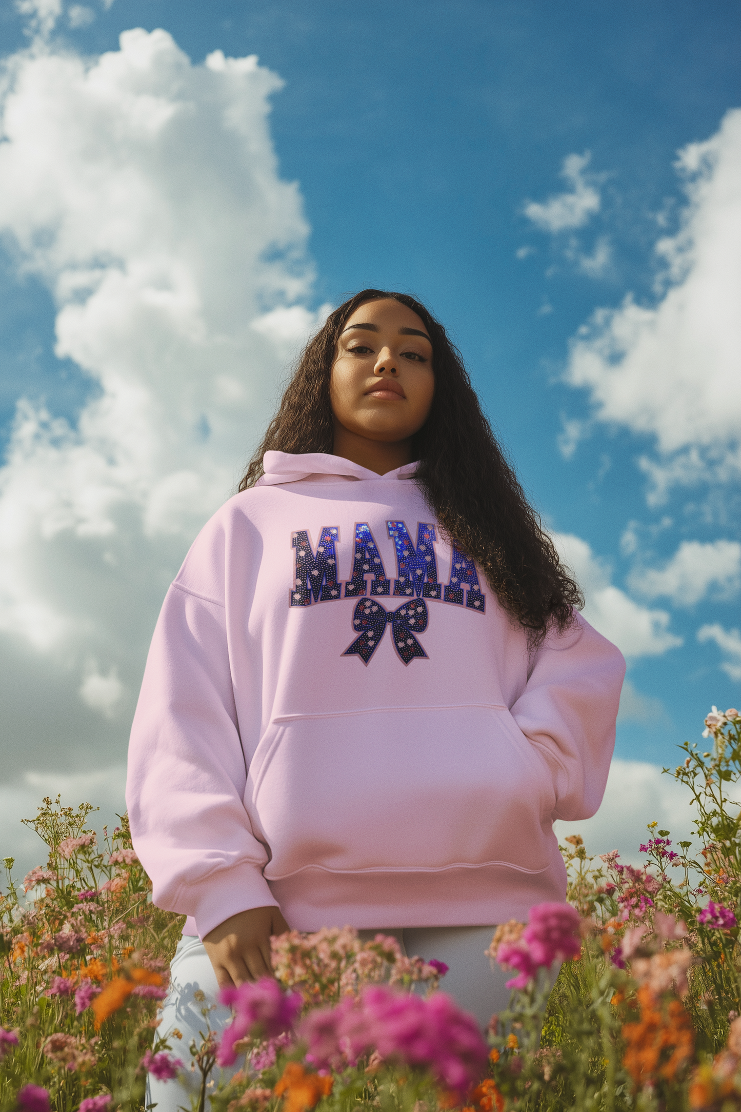 Dark Blue Mama Sequin Chenille Patch Hoodie