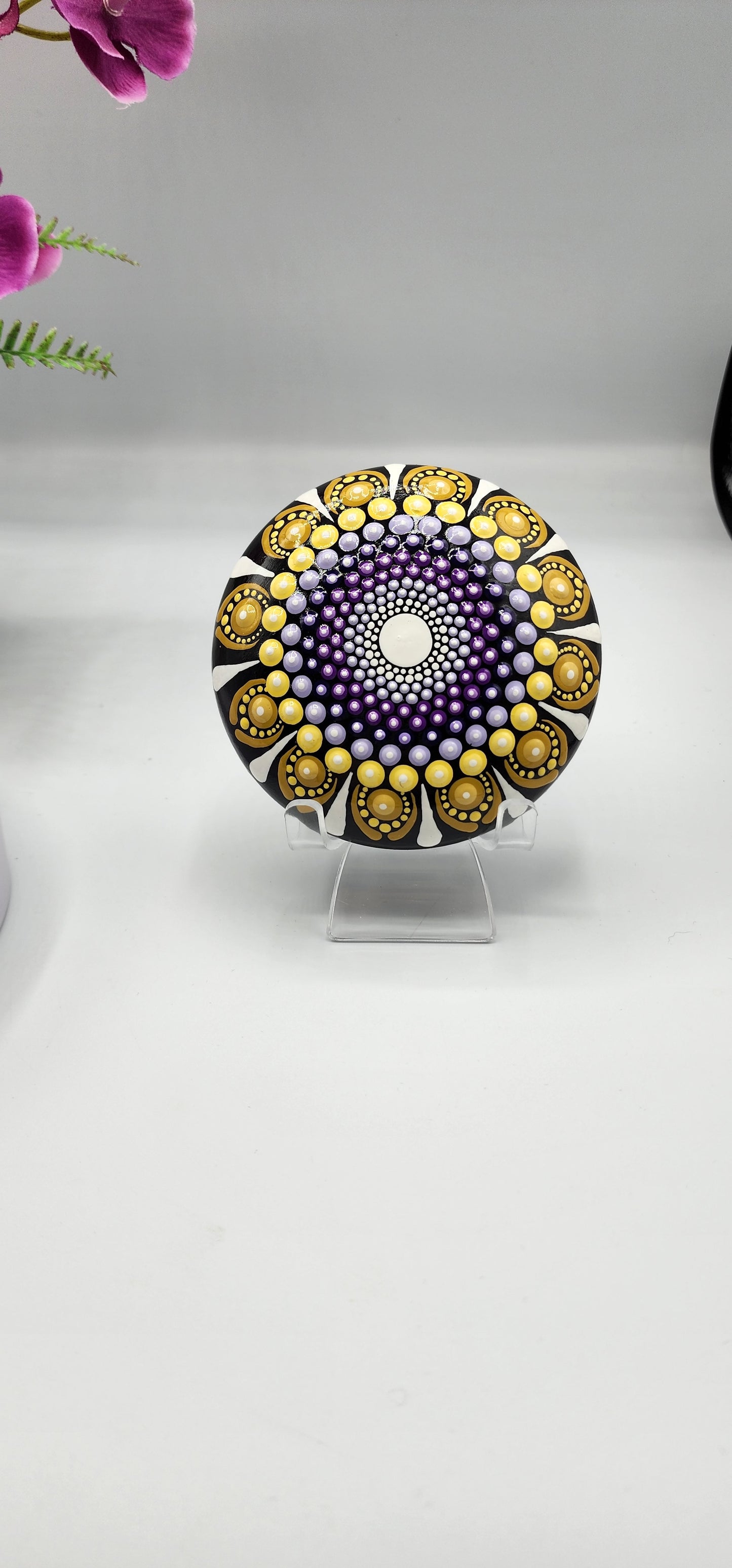 Celina Miller Art - Black, Yellow and Purple Mandala Stone