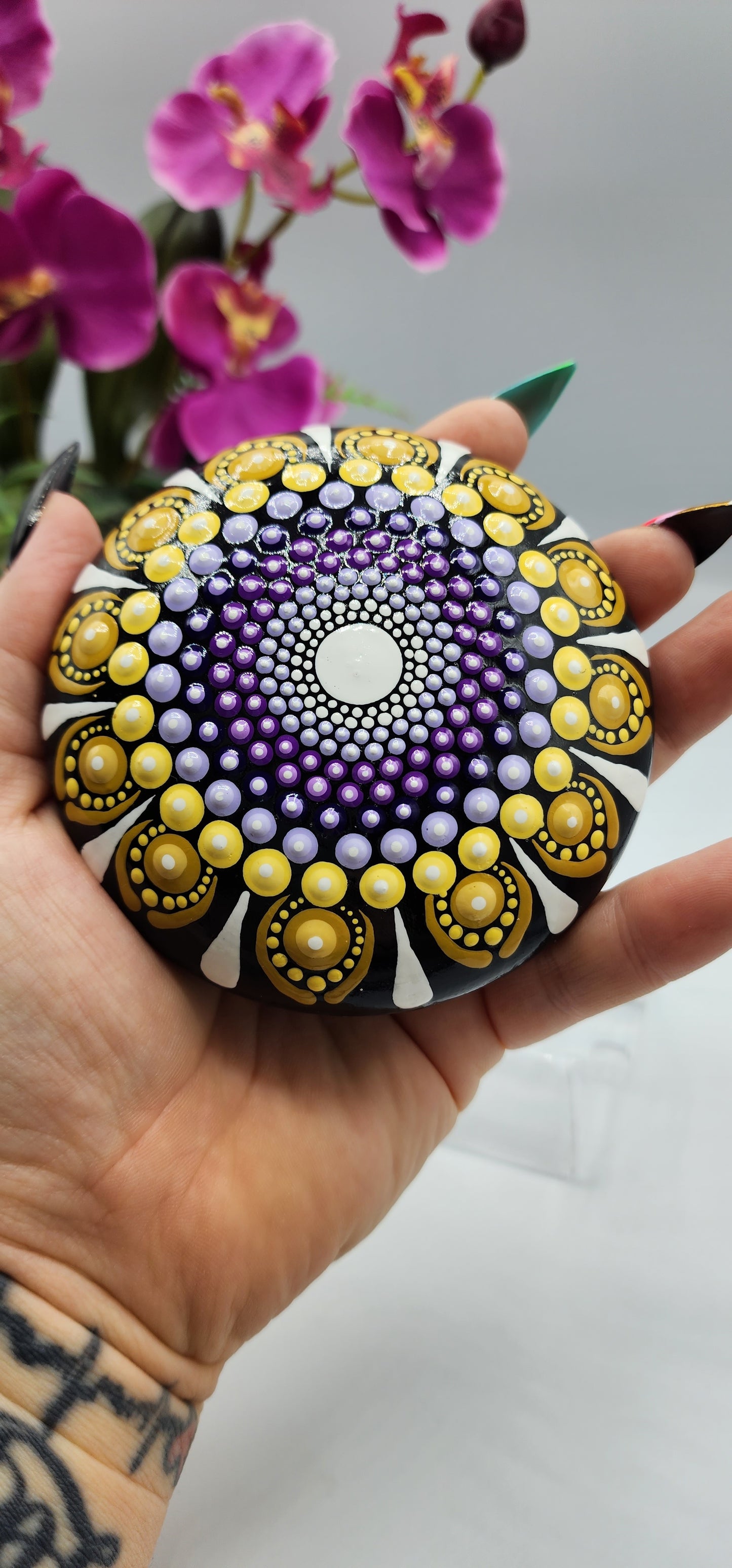 Celina Miller Art - Black, Yellow and Purple Mandala Stone