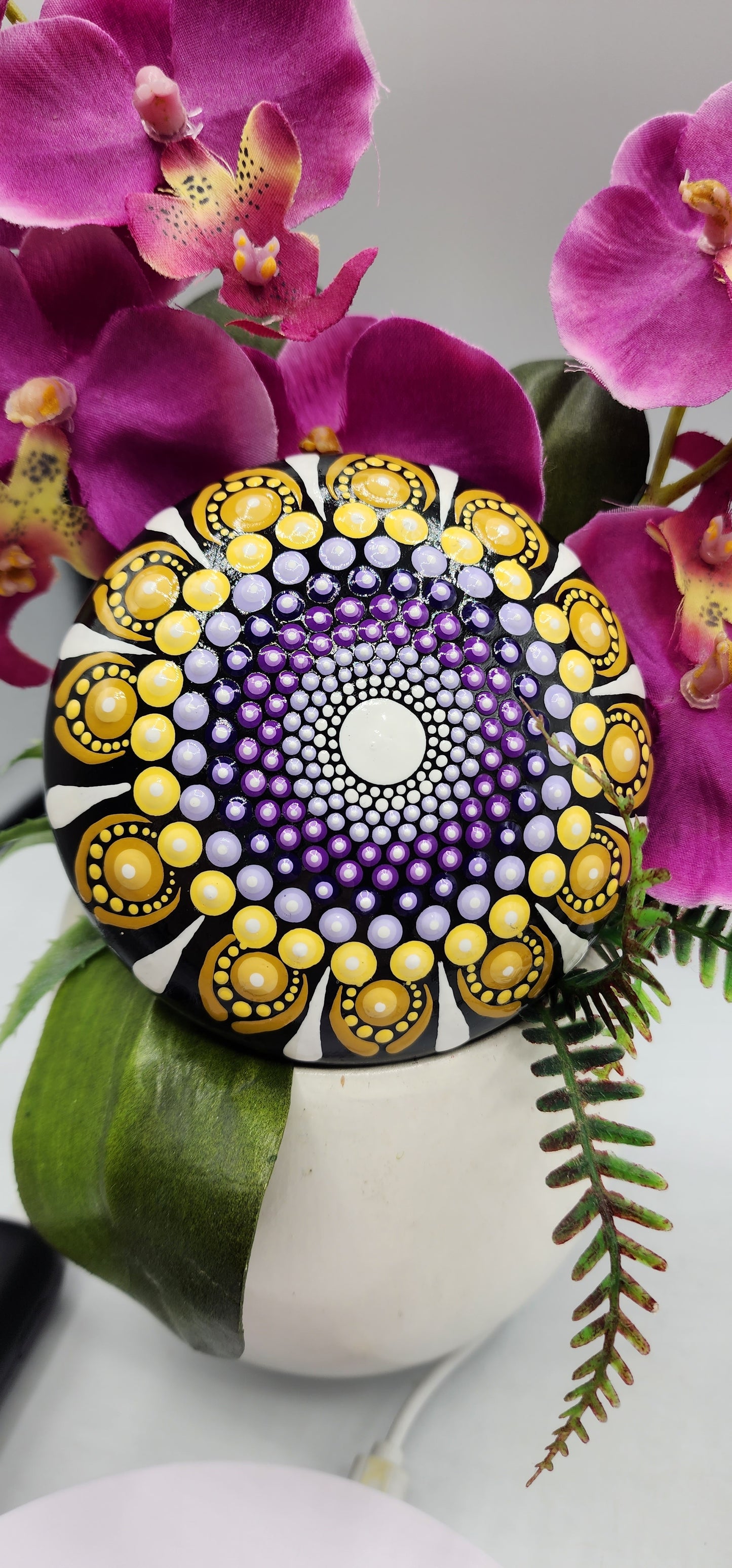 Celina Miller Art - Black, Yellow and Purple Mandala Stone