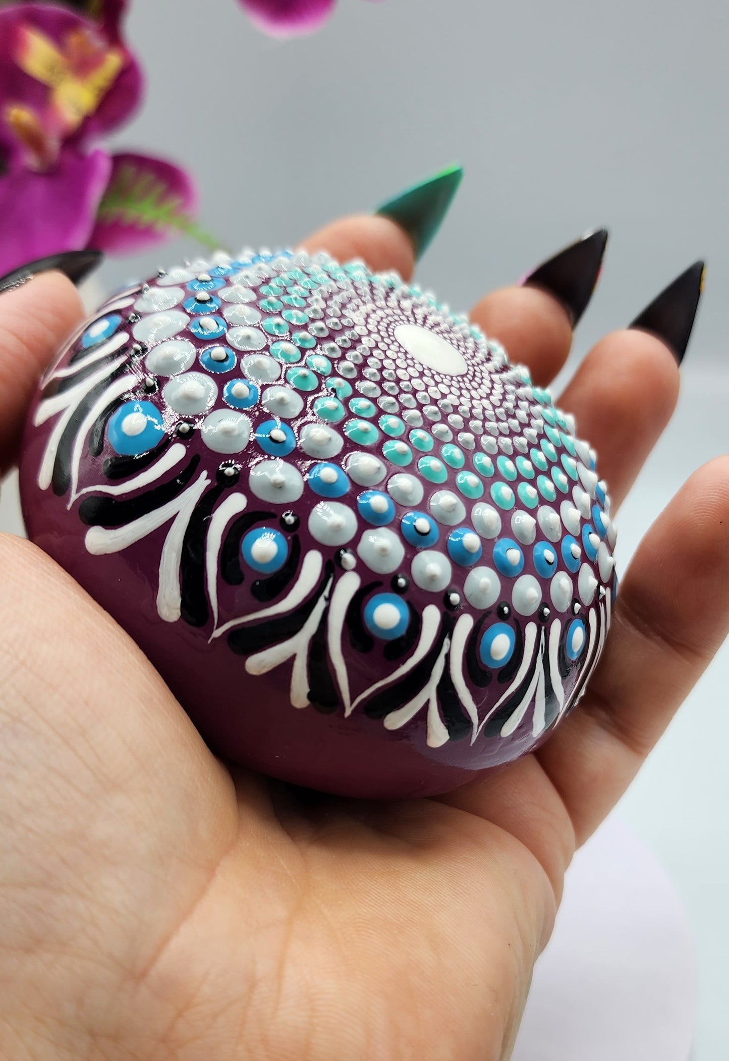 Celina Miller Art - Teal and Grey on Purple Mandala Stone