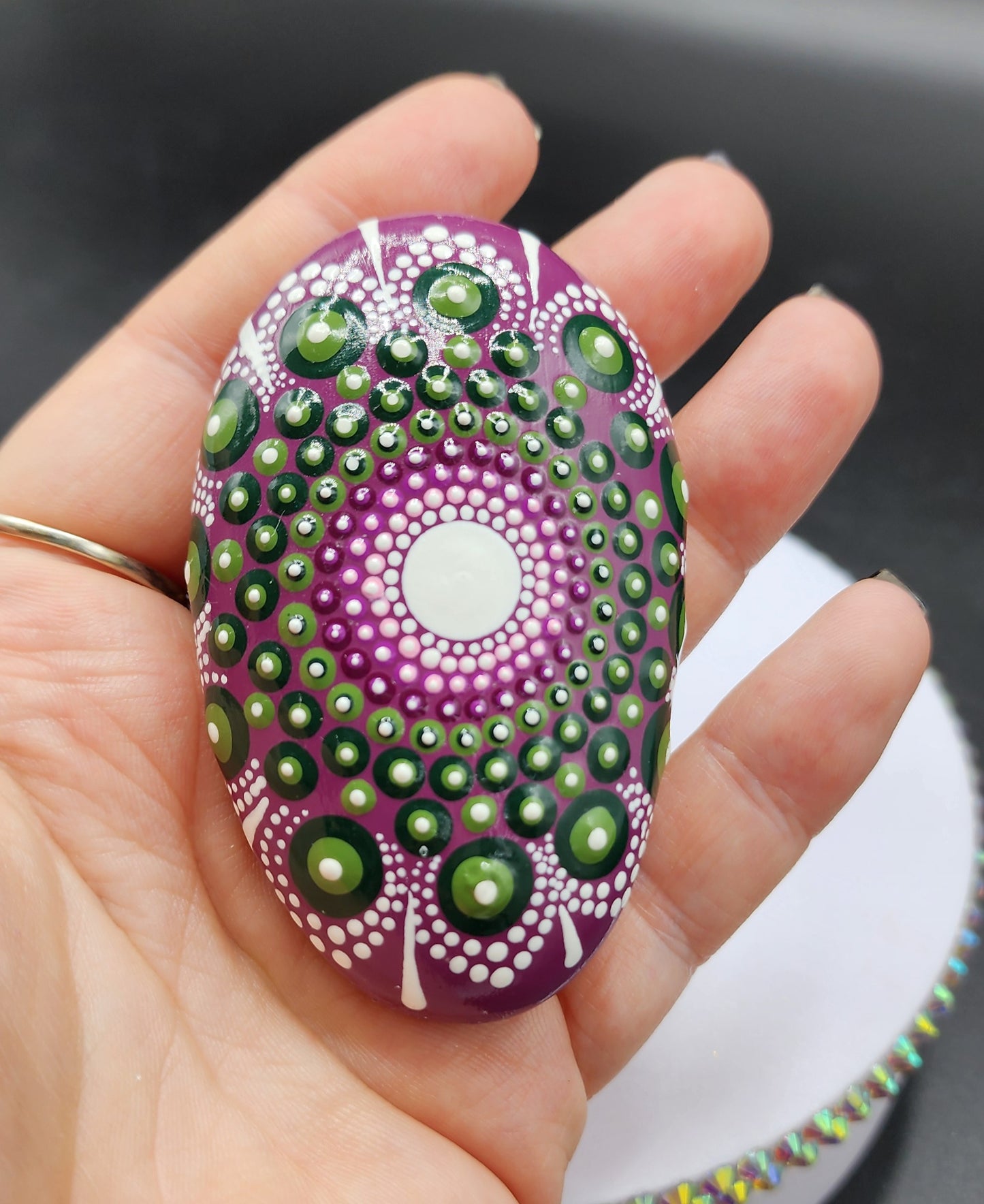 Celina Miller Art - Purple, Green and White Mandala Palmstone